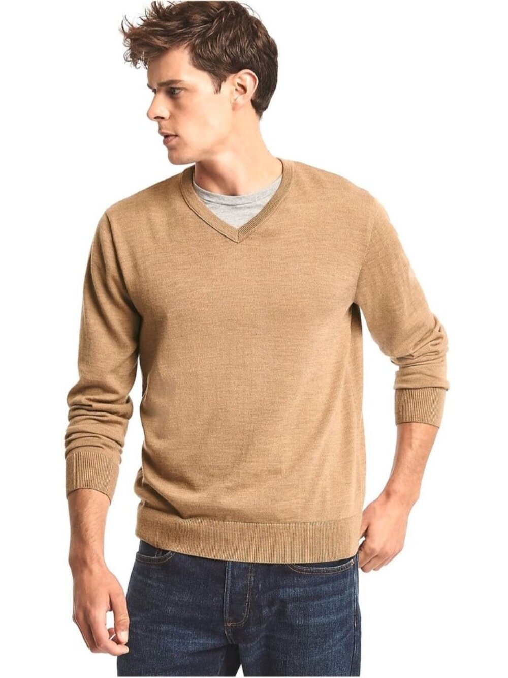 100% Merino Wool Camel Pullover V-Neck Sweater - Medium